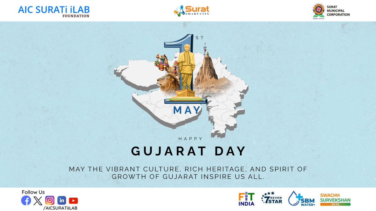 AICSURATiiLAB's tweet image. એકતા, સંસ્કૃતિ અને પ્રગતિ—ગુજરાત સ્થાપના દિવસની શુભેચ્છાઓ!

#VibrantGujarat #UnityInDiversity #aicsuratiilab #startup