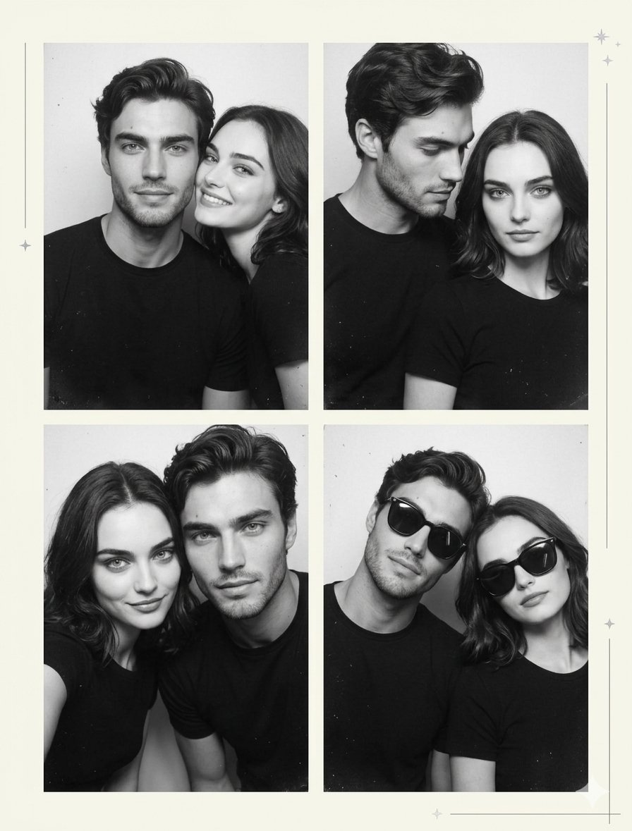gemini_prompts's tweet photo. Trend 517
Black and white couple collage 🖤🤍

Prompt:
"Layout: a single vertical sheet with a clean 4-grid (2x2) centered. Minimal thin decorative elements (tiny stars, subtle lines), clean and not distracting.
The couple is based on "the attached face reference images", preserving accurate facial features and likeness.
Outfit: both wear matching outfits (clean, modern black tops), consistent across all frames.
Lighting: soft photobooth lighting with slight flash feel, natural skin texture, subtle film grain, realistic shadows.
Each frame has distinct, creative, non-monotonous poses with personality:
Top-left: The girl suddenly leans into the frame from the side while the boy is already facing the camera. The boy stays calm, the girl playful -contrast energy in one frame.
Top-right: The boy looks down at the girl while she looks straight at the camera with a confident expression. Slight role reversal, adds storytelling.
Bottom-left: Both lean forward closer to the camera, slightly distorted perspective (like photobooth lens), relaxed but expressive-one smirks, the other keeps a neutral face.
Bottom-right: Both wear dark sunglasses, but instead of posing normally, they slightly tilt their heads in opposite directions, almost synchronized but imperfect-stylish and dynamic.
Expressions: mix of calm, playful, confident, slightly teasing-each frame feels different but still cohesive.
Composition: tight photobooth framing, consistent angle but varied distance and movement, natural imperfections like real photobooth timing. consistent angle but varied distance and movement, natural imperfections like real photobooth timing.
Style: ultra-realistic monochrome photography, authentic photobooth print, subtle cinematic feel, not editorial, not overly posed."