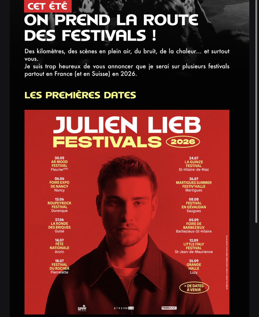 LiebActus's tweet image. Tout ce que je retiens c’est 
“ + de dates à venir “ 🤭 #julienlieb vous allez où cet été ?