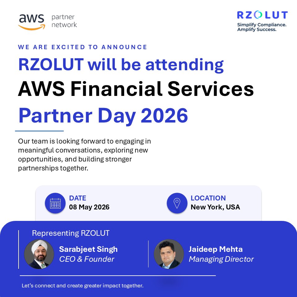 RzolutL's tweet image. @RzolutL will be at the AWS Financial Services Partner Day in New York on 8th May 2026.

Sarabjeet Singh, Founder &amp;amp; CEO &amp;amp; Jaideep Mehta, MD will be attending.
If you’ll be in New York and would like to connect, feel free to reach out in advance.

#Leadership #Collaboration