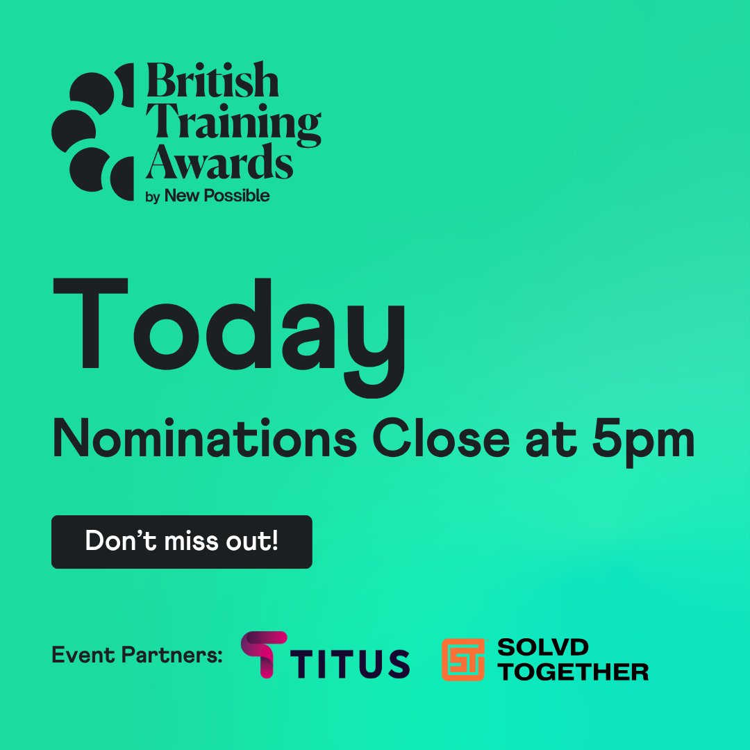 BritTrainAwards's tweet image. Nominations close today at 5pm! 🚨 It's simple to take part and there's no entry cost, click here to get started 👉 newpossible.io/british-traini… #Training #Awards #Learning #Development