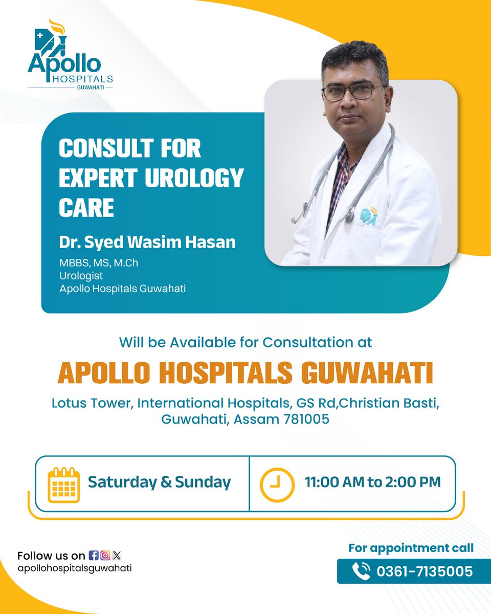 ApolloGuwahati's tweet image. Expert urology care is now just a consultation away.

Dr. Syed Wasim Hasan, Urologist will be available for consultation at Apollo Hospitals Guwahati. 

Sat &amp;amp; Sun | 12 PM – 4 PM

Call 0361-7135005

#OPD #Urology #urologist #apollohospitalsguwahati #guwahati #DoctorConsultation