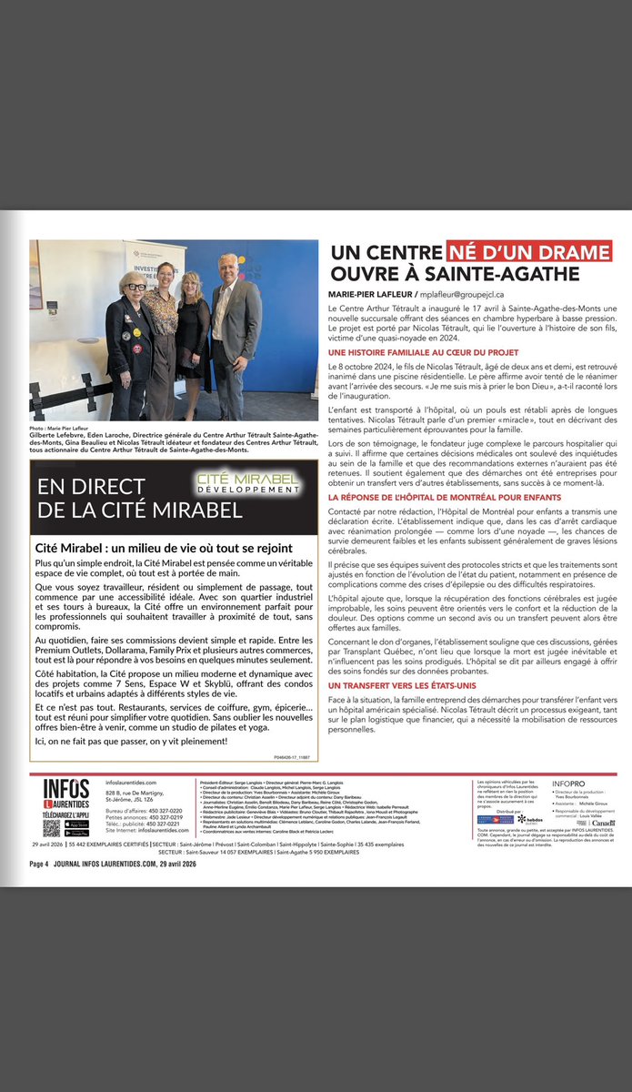 NicolasTetrault's tweet image. Journal Infos Laurentides Centre Arthur Tétrault Sainte Agathe des Monts et Centre Arthur Tétrault 

🇨🇦 #français

Très honoré de voir notre histoire et notre mission mises en lumière à la une du Journal Infos Laurentides.

Derrière le Centre Arthur Tétrault, il y a avant tout