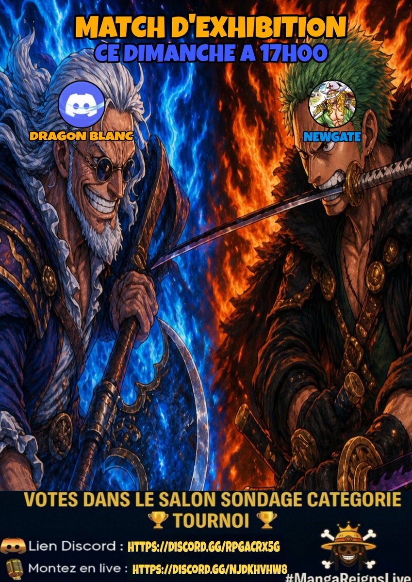 manga_reigns's tweet photo. 🏴‍☠️ SAMEDI — LIVE ONE PIECE (20h00 - 22h00)

🎙️Au programme :

📖Discussion sur l’arc actuel 
💥30 min de réacts vidéos YouTube
📜Ma Tier List indébunkable🔥

 ⚔️ DIMANCHE - MATCH D’EXHIBITION (17h00)

🥊 Sujet : Gaban vs Zoro 

📺 Rejoindre le serveur : 
https://t.co/ZRJZF5SgbF https://t.co/F5ifOEnNAb