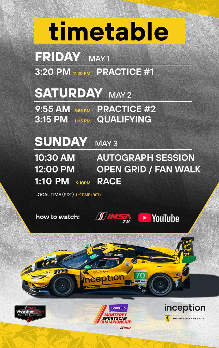 OptimumMSport's tweet photo. 🔴 𝙇𝙄𝙑𝙀 𝙉𝙊𝙒: StubHub Monterey Sportscar Championship
📷 WeatherTech Raceway Laguna Seca, CA 
7️⃣0️⃣ Ferrari 296 GT3 Evo [GTD]
👥 B. Iribe 🇺🇸 &amp; F. Schandorff 🇩🇰

📺 https://t.co/f9yWxyKgpa

Here's what you need to know!⬇️

#InceptionRacing #IMSA #FerrariRaces #WeatherTech https://t.co/qmOpQFD2Qo