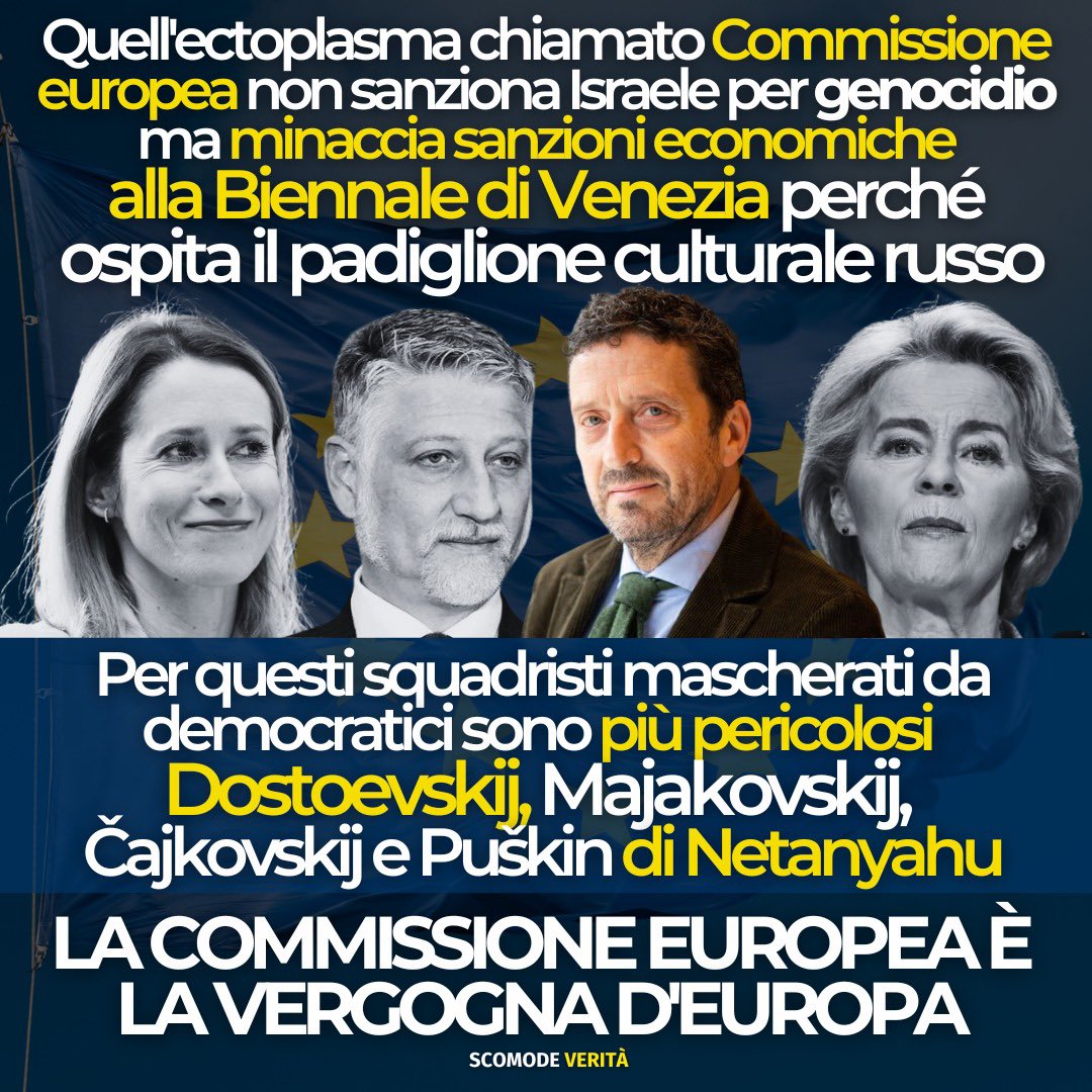 Pensateci bene, la Commissione europea non sanziona Israele per il genocidio in corso ma minaccia di sanzionare la Biennale di Venezia perché ospita un padiglione culturale russo. Leggete qui 👉 alessandrodibattista.substack.com/p/dallue-atteg… e iscrivetevi al mio canale Substack