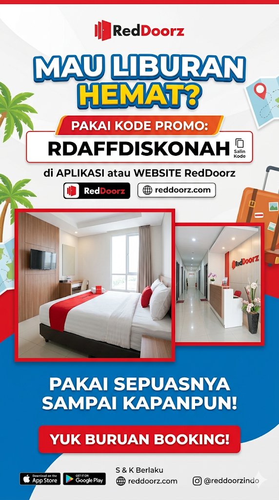AdzhaCo's tweet image. Staycation makin hemat pakai kode promo RDAFFDISKONAH di aplikasi RedDoorz! 🏨✨
Nikmati tambahan diskon yang bisa kamu pakai berkali-kali sampai puas. Cus, booking hotel buat liburan nanti! 💸
#RedDoorz #Jakarta #Bandung #Surabaya #Jogja #Bali #Medan #Semarang