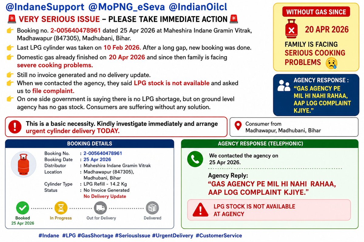 unknown12user's tweet photo. If the government is not giving gas to the gas agency people then from where will we get gas? The government has troubled us and there is no shortage of gas. @IndianOilcl https://t.co/KRwP2AstFY