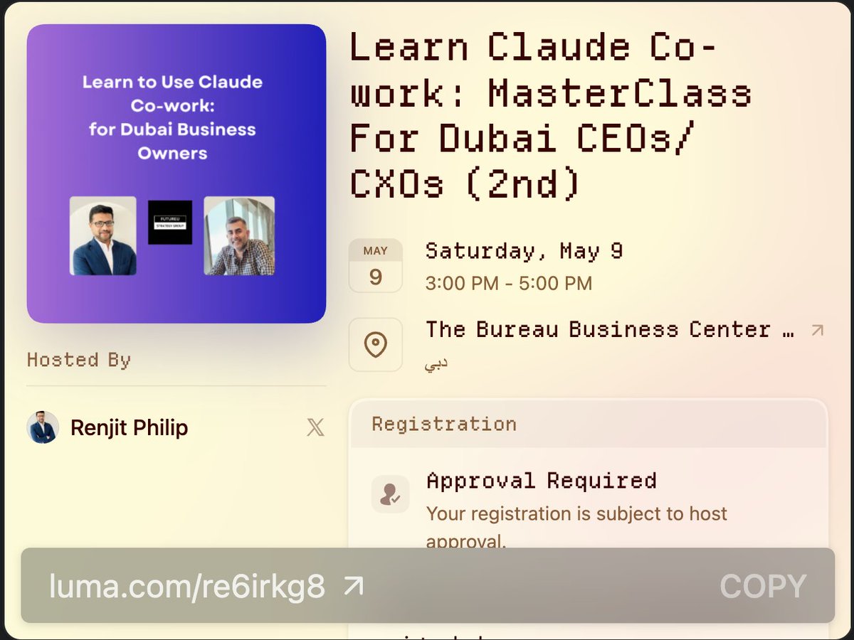RenjitPhilip's tweet photo. Time for round two of our Claude Co-work hands-on training! 

In Feb 2026, the launch of Claude Co-work triggered one of the fastest market drops that the software sector has seen. Billions of dollars wiped out. Because now a lot can be done by Claude Co-work without the need for costly software.

Yet most business owners /CXOs in Dubai are not using it.

At the same time, uncertainty is rising, post-conflict.
Teams are stretched.
Decisions are getting harder.

This is exactly when an AI co-worker matters, so we decided to do something for the business community.

Introducing: Claude Co-work MasterClass for Dubai CEOs /CXOs

A small, practical session. No fluff. No theory.

What is planned:

60 mins hands-on training using Claude Co-work
30 mins live Q&A on your business problems
Real conversations with other CXOs in Dubai

What you will learn:

Use Claude as a co-worker across marketing, sales, and ops
Reduce time spent on repetitive decision-heavy tasks
Skills to apply AI directly to your current workflows

Who this is for:

CEOs / CXOs /Business owners in Dubai
At least 5+ employees and 3+ years in operation
Physical office/shop presence in Dubai (not a pure online business)
Solving a real business problem with AI (Marketing/ Sales/ Finance and so on)

Requirements:

Active Claude Pro subscription
MacBook or Windows laptop
Willingness to work on real business use cases

Details:

👥 Limited to 8–10 participants only because of the venue constraints
💰 Free (community support initiative by Futureu Strategy Group)
📍 The Bureau Gold and Diamond Park, Dubai on the 9th May (Sat).

Hosted by Renjit Philip (Managing Partner and Dhruv Arora (Senior Partner). We have been getting our own work done faster and at a higher quality because of Claude products and we would like to share our knowledge.

Notes:
This is not a webinar. It is a working session (roll-up your sleeves).
You walk in with a business problem. You leave with a working Claude co-worker.

Link to register in my first comment and in the bio>>
#learnai #uaestrong #claude #upskill
