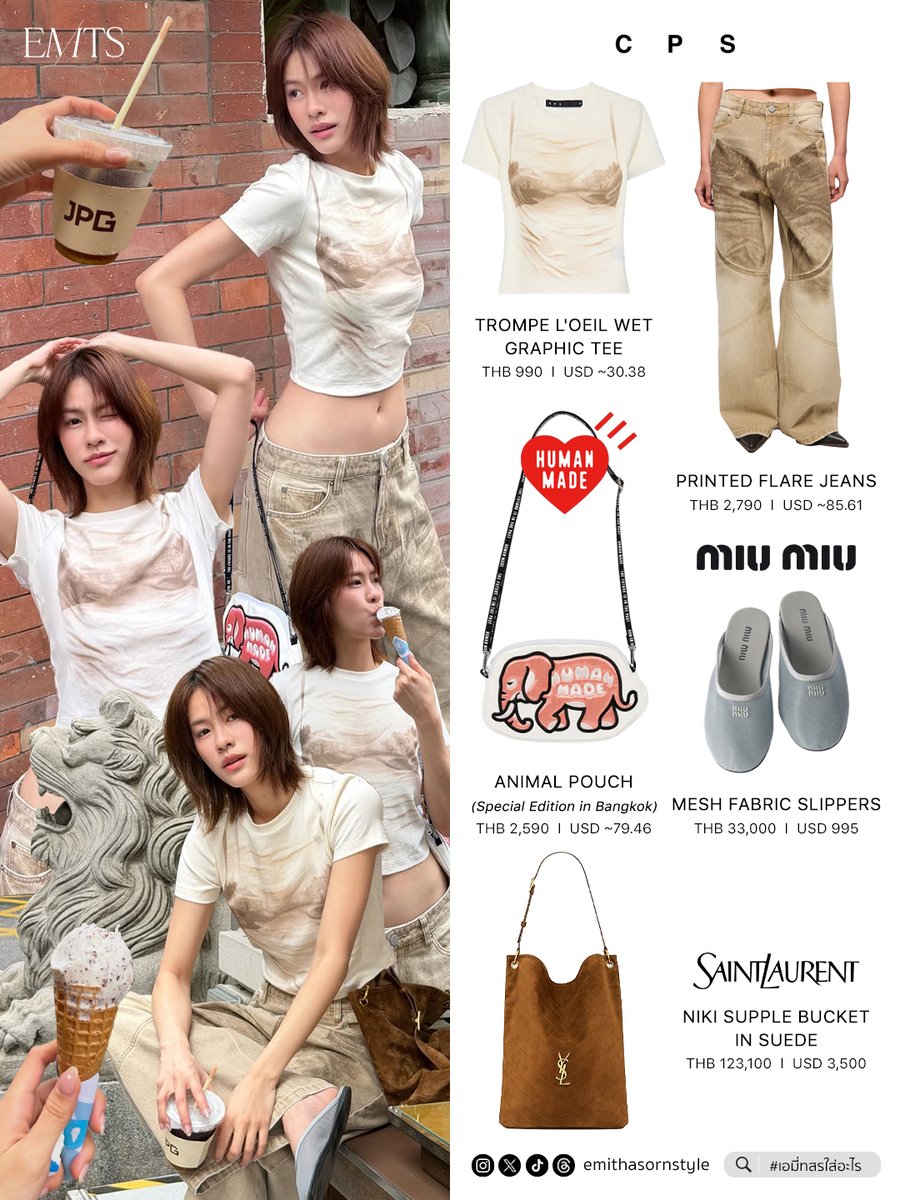 emithasornstyle's tweet image. EMI THASORN STYLE ✨
A day in Guangzhou🌸_🌸

TOP
#CPS TROMPE L'OEIL WET GRAPHIC TEE

PANTS
#CPS PRINTED FLARE JEANS

SHOES
#MiuMiu MESH FABRIC SLIPPERS

BAG
#YSL NIKI SUPPLE BUCKET IN SUEDE
#HumanMade ANIMAL POUCH *Special Edition in Bangkok*

#emiamily
#emithasorn