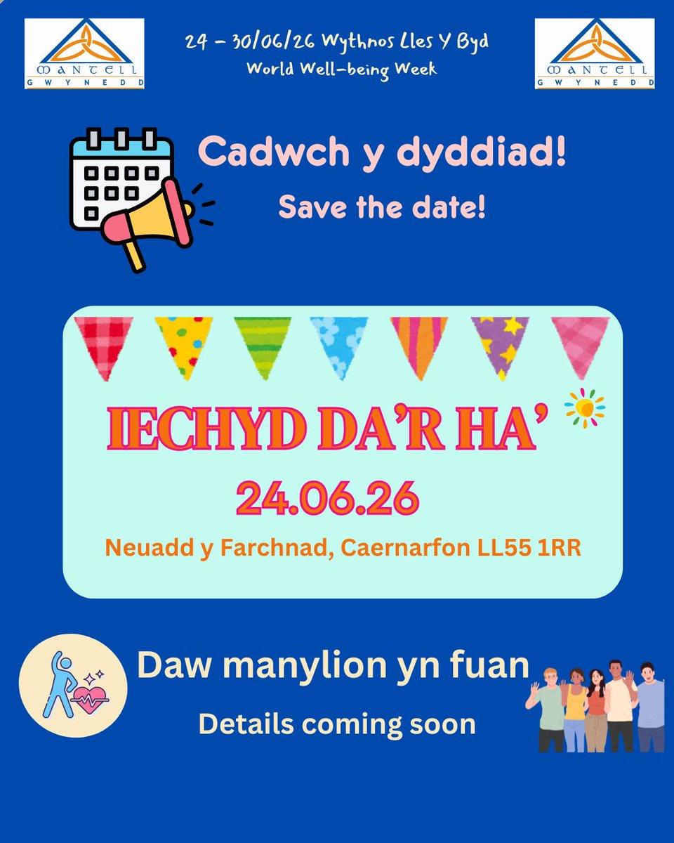 MantellGwynedd's tweet image. Save the date! Mantell Gwynedd’s annual Health &amp;amp; Wellbeing event will be held this year on Wednseday, 24.06.26 in Market Hall, Caernarfon, 11-3. Details on how to register for a free stand will follow soon.

#Health #Wellbeing