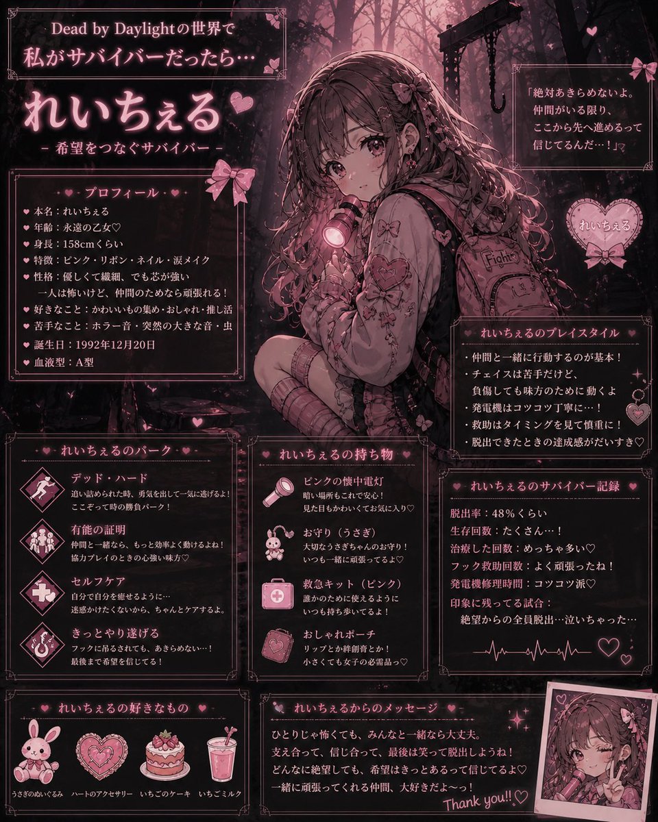 1rachel_2jack's tweet image. #ChatGPT #DeadbyDaylight #DbD
ChatGPTちゃんに作ってもらった＼＼\\ꐕ ꐕ ꐕ//／／わーい
けど、なんでこんなぶりぶりなんや？？(笑) 
つか年齢は永遠の乙女なのに、誕生日1992年生まれって矛盾してて草めっちゃ暴露するやん…＼(^o^)／
対戦よろしくお願いします🎀