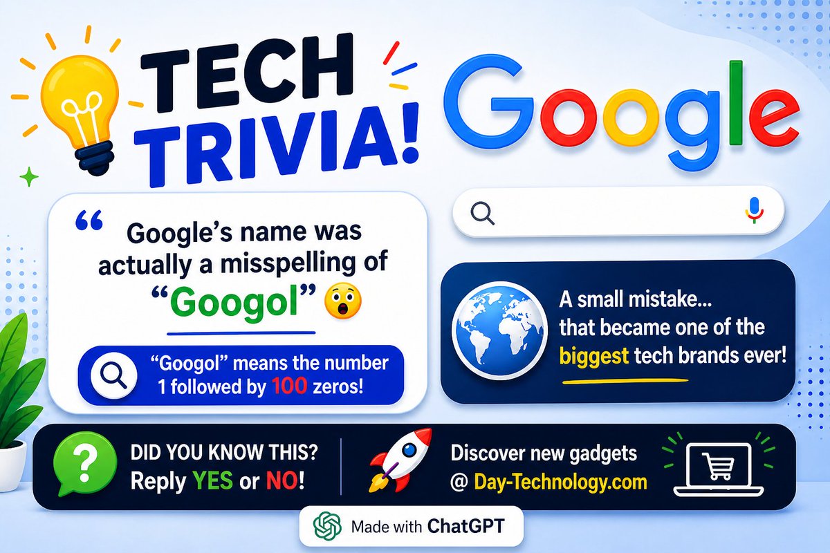 DayTechnology1's tweet image. 💡 Tech Trivia!
Google’s name was actually a misspelling of “Googol” 🤯

👉 Did you know this? Reply YES or NO!

🚀 Discover new gadgets @ Day-Technology.com

#TechTrivia #DidYouKnow #Google #TechFacts #Technology #FunFacts #DayTechnology