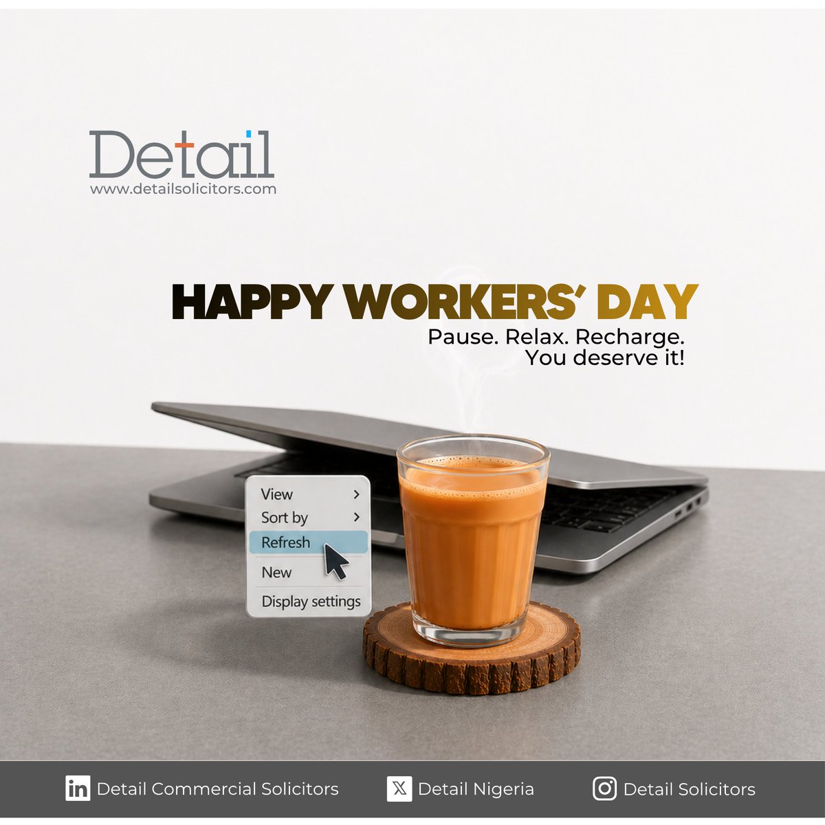DETAILnigeria's tweet photo. No caption - our brand manager is taking a break today.

The flyer says it all.

Happy Workers' Day from all of us at DETAIL.

#WorkersDay #LabourDay #MayDay #PeopleFirst https://t.co/2c1k2LQkxK
