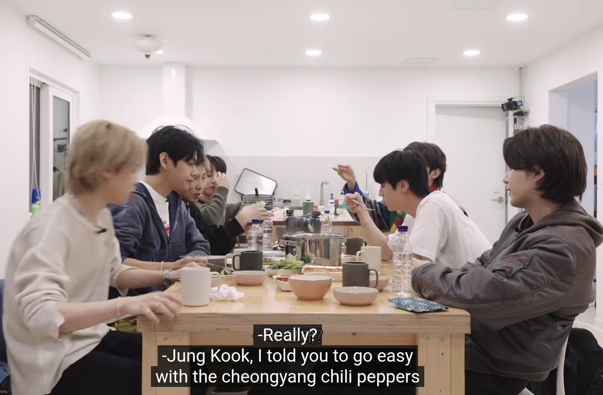 🐻: should we eat some meat? 

**looking at Seokjin

** 🐺 cooking meat right away 

🐻 😚😚😇🤤

🐻: it's spicy 🥺!!
**looking at Seokjin again

🐺:Jungkook I told you to go easy with chili peppers😫

Lol,Taehyung is so spoiled by his husband Jin