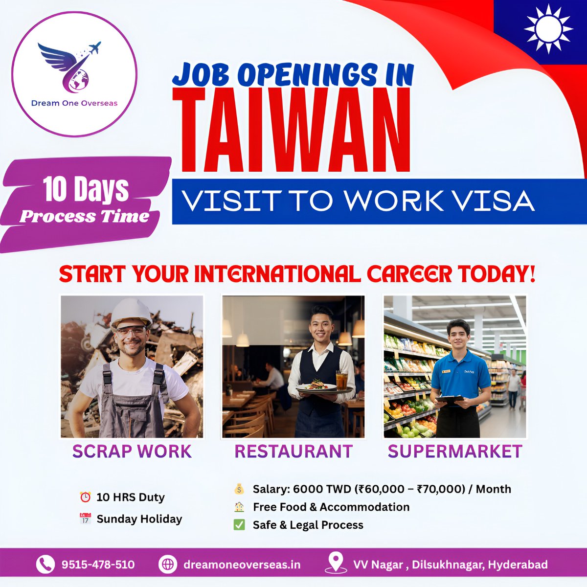 dreamoneov81514's tweet image. ✈️ Start your career in Taiwan 🇹🇼
Jobs in scrap, restaurant &amp;amp; supermarket sectors with fast 10-day processing!
💼 ₹60K–₹70K/month
🍽️ Free food &amp;amp; stay
📞 9515-478-510
🌐 dreamoneoverseas.in
#JobsInTaiwan #WorkAbroad #OverseasJobs #TaiwanVisa #CareerAbroad #JobOpportunity