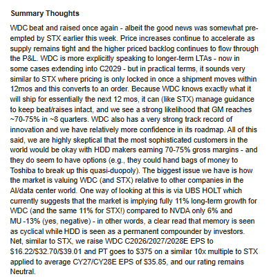 sean_________'s tweet photo. Arcuri on HDD to memory multiples/growth rates: 
"market is implying fully 11% long-term growth for $WDC (and 11% for $STX) compared to $NVDA only 6% and $MU -13% - a clear read that memory is seen as cyclical while HDD is seen as a permanent compounder" https://t.co/LkT0II93Ue