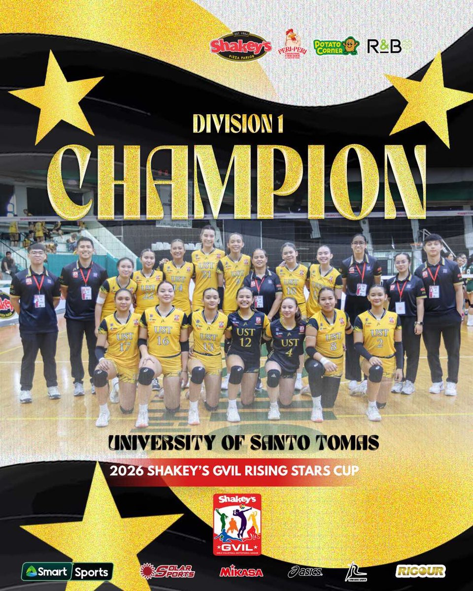 ShakeysLeague's tweet photo. UST is GOLD!

New champions rise — and they come from España! Congratulations to the UST Jr. Golden Tigresses for making history by capturing the University’s first-ever championship in the Shakey’s Super League GVIL!

#ShakeysSuperLeague #SSLGVIL2026 #HomeOfTheRisingStars https://t.co/2sG6KZHMsw