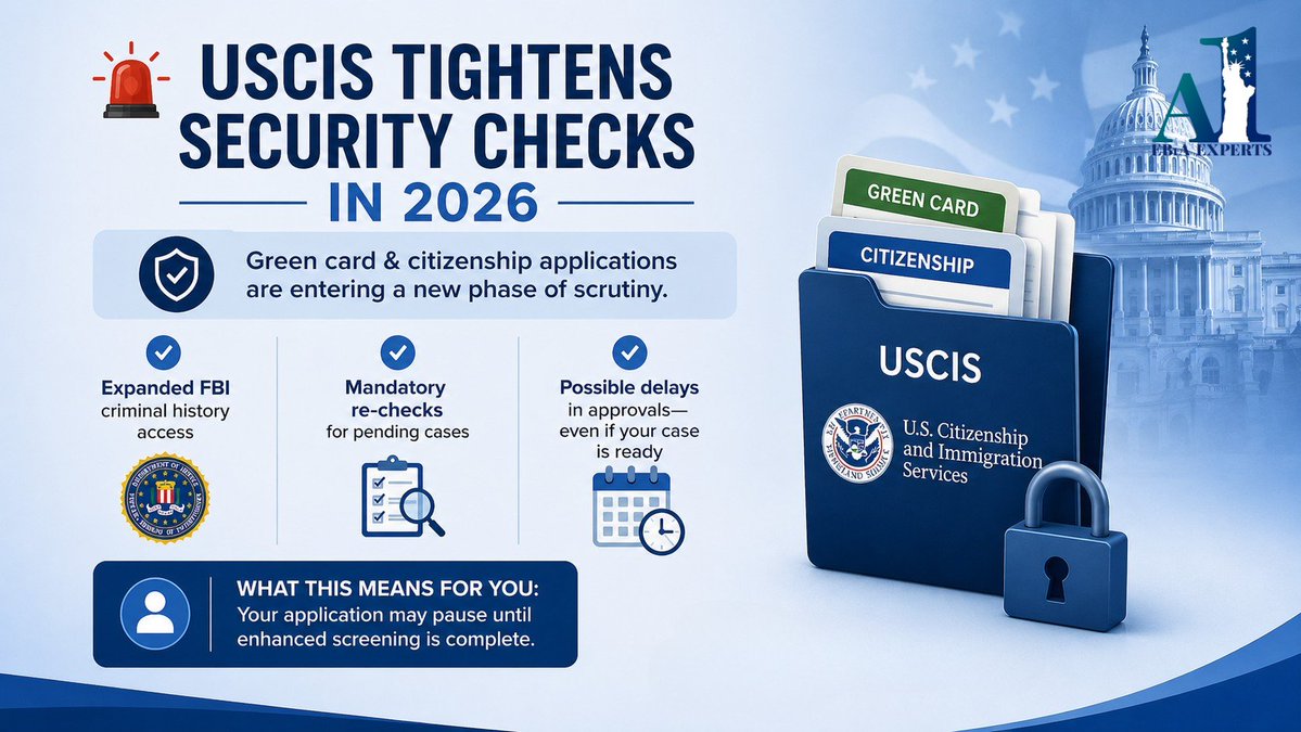 eb1aexperts's tweet image. 🚨 USCIS tightening security checks in 2026

• FBI access expanded
• Re-checks for pending cases
• Possible delays (even for ready approvals)

Your case may pause during screening.
Is this a necessary upgrade or unnecessary friction? 

#Immigration #USCIS #GreenCard #EB1A