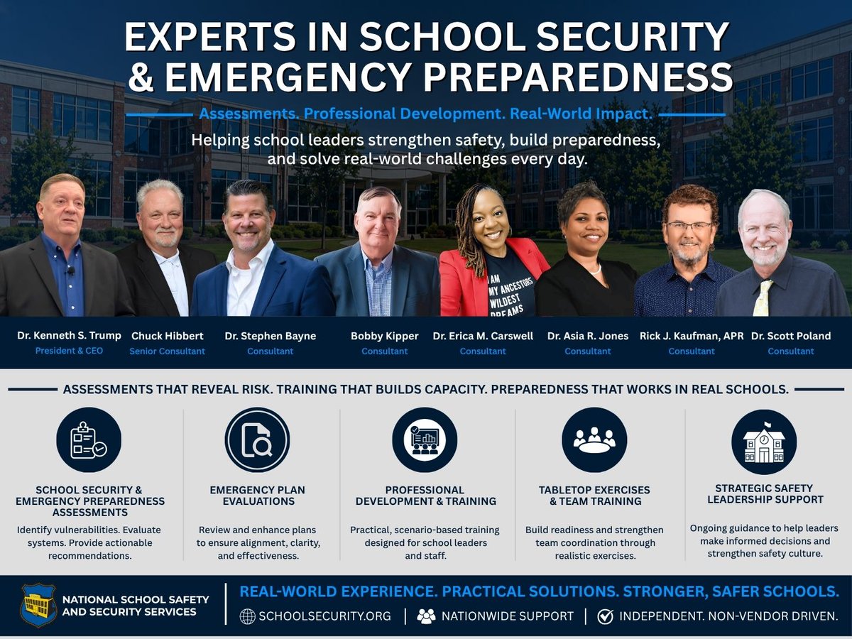 safeschools's tweet image. Real #schoolsafety takes real expertise.

Our team works directly with #schoolleaders on:
• Schoolsecurity &amp;amp; emergency preparedness assessments
• Staff training &amp;amp; team development
• Practical, real-world problem-solving

Independent. Experienced. Focused on what works.

Make