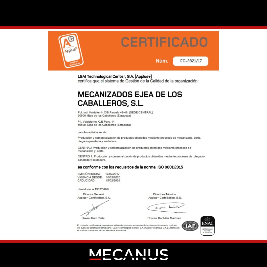 mecanus_'s tweet photo. 🎯 La excelencia no es negociable.

Orgullosos de renovar nuestro sello de calidad ISO 9001:2015. 

Un logro de todo el equipo de #Mecanus en Ejea que valida nuestro rigor, precisión y fiabilidad en cada pieza. 🦾✨

Calidad real, fabricada en el taller.

#ISO9001 #Ejea #Calidad https://t.co/kRrSd32OyP