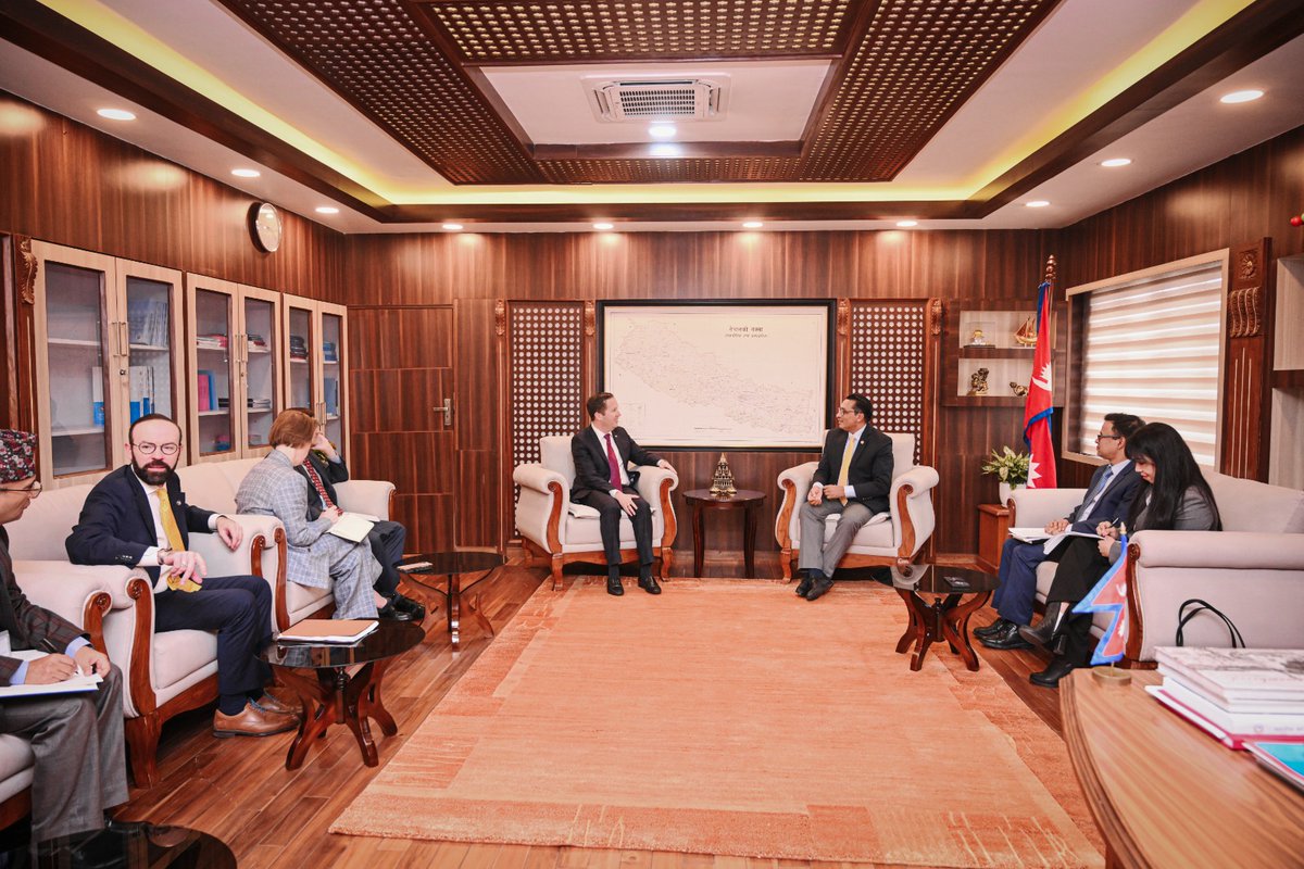 mofnepal's tweet photo. आज अर्थमन्त्री डा.स्वर्णिम वाग्ले र दक्षिण तथा मध्य एसियाका लागि अमेरिकी राष्ट्रपति डोनाल्ड ट्रम्पका विशेष दूत सर्जियो गोरबीच भेटवार्ता भएको छ। 
भेटमा नेपाल र अमेरिका बीचको आर्थिक साझेदारी र विकास सहायताका विविध विषयमा छलफल भएको थियो।
@SwarnimWagle
@USEmbassyNepal
#mofnepal https://t.co/pdSmLbmj1i