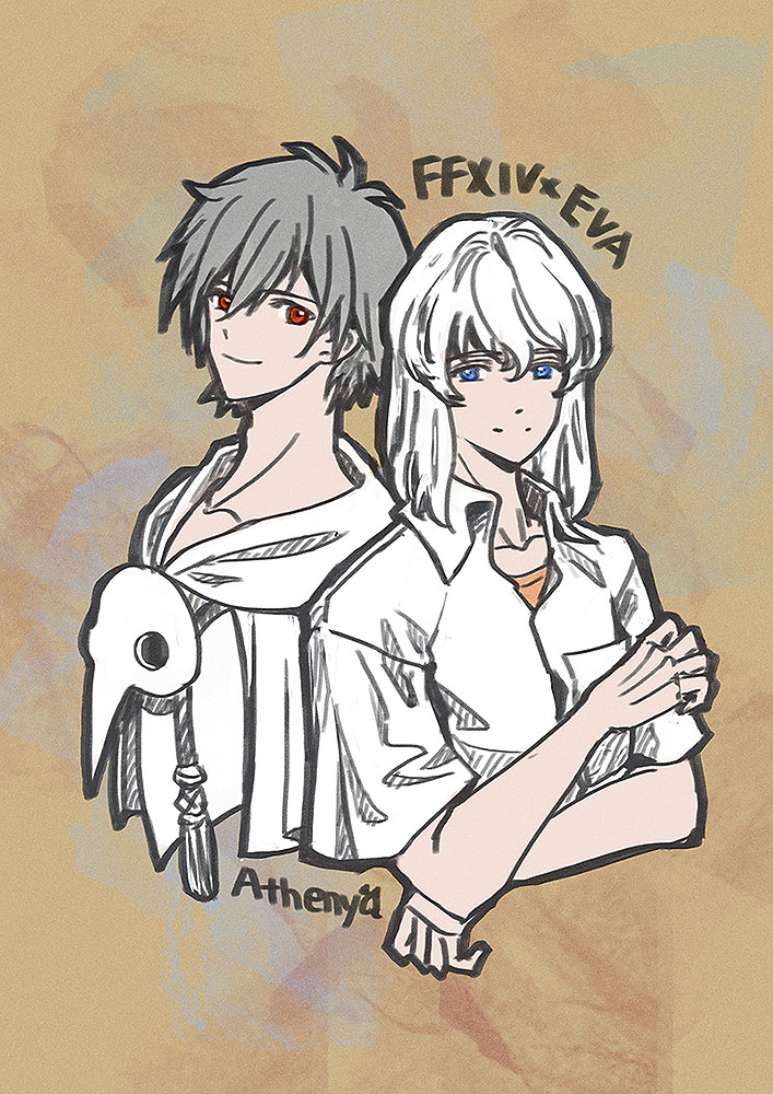 Doodled again for #FFXIVxEVA  😺They both voiced by my fav seiyuu Ishida Akira san! #Kaworu #Themis