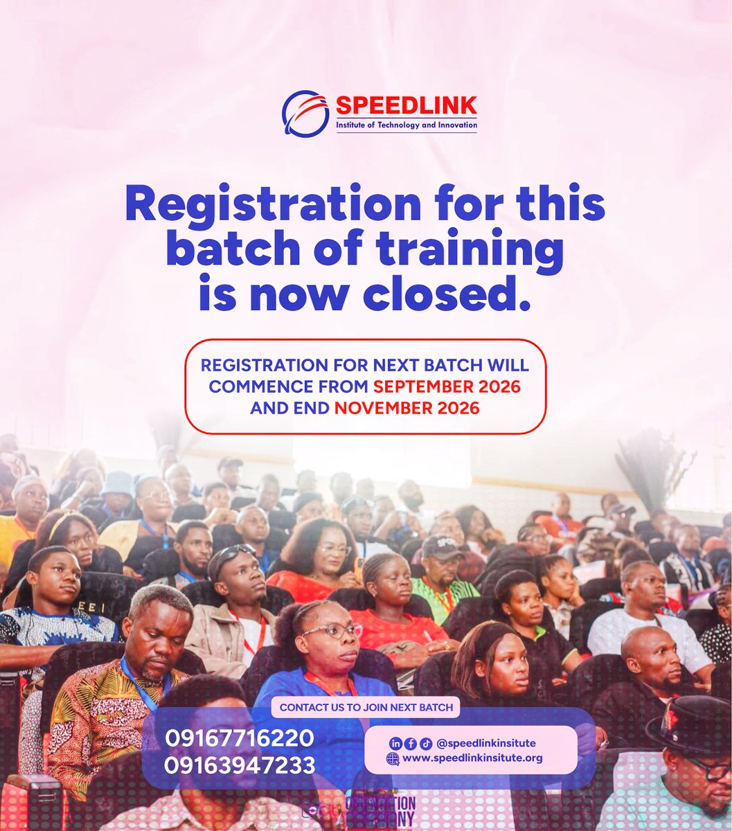Speedlink_01's tweet image. Registrations are now closed at Speedlink Institute.
Next batch runs September–November 2026.
If you’re planning to join, now’s the time to prepare and position yourself.
📍 Port Harcourt
📞 09167716220, 09163947233
#SpeedlinkInstitute #TechTraining #FutureReady