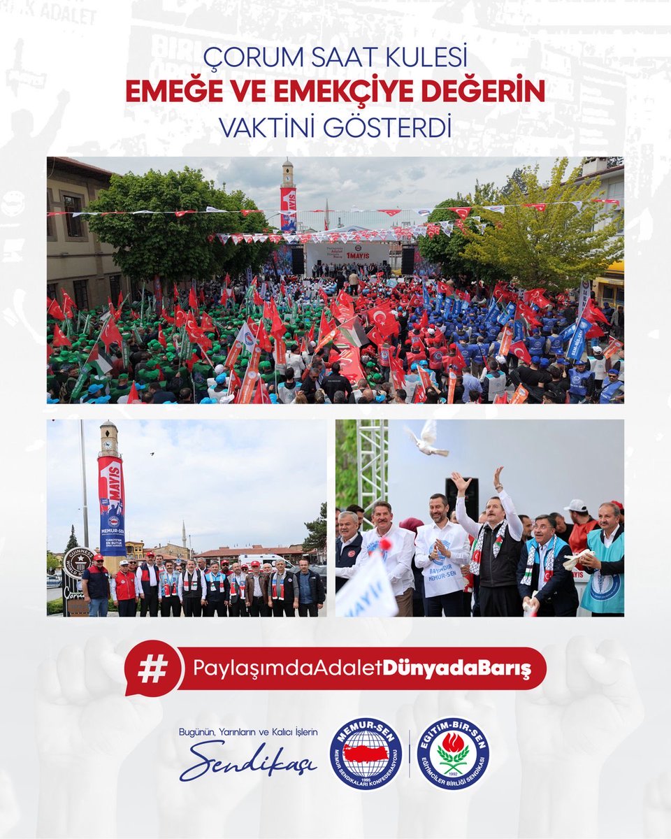 ÇORUM SAAT KULESİ
EMEĞE VE EMEKÇİYE DEĞERİN VAKTİNİ GÖSTERDİ

Eğitim-Bir-Sen olarak, eğitim emekçilerinin alın terinin hakkını savunmak ve "PAYLAŞIMDA ADALET, DÜNYADA BARIŞ” için Çorum Saat Kulesi Meydanındaydık.

1 Mayıs Emek ve Dayanışma Günü’nde emeğin en yüce değer olduğuna