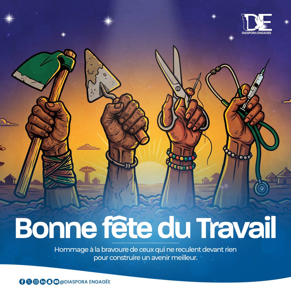 La valeur d’une nation se mesure à la détermination de celles et ceux qui la bâtissent. Hommage à ceux qui agissent au quotidien pour avenir meilleur au Togo 🇹🇬. 
Bonne fête du Travail à la diaspora togolaise
#Togo #DiasporaEngagée
