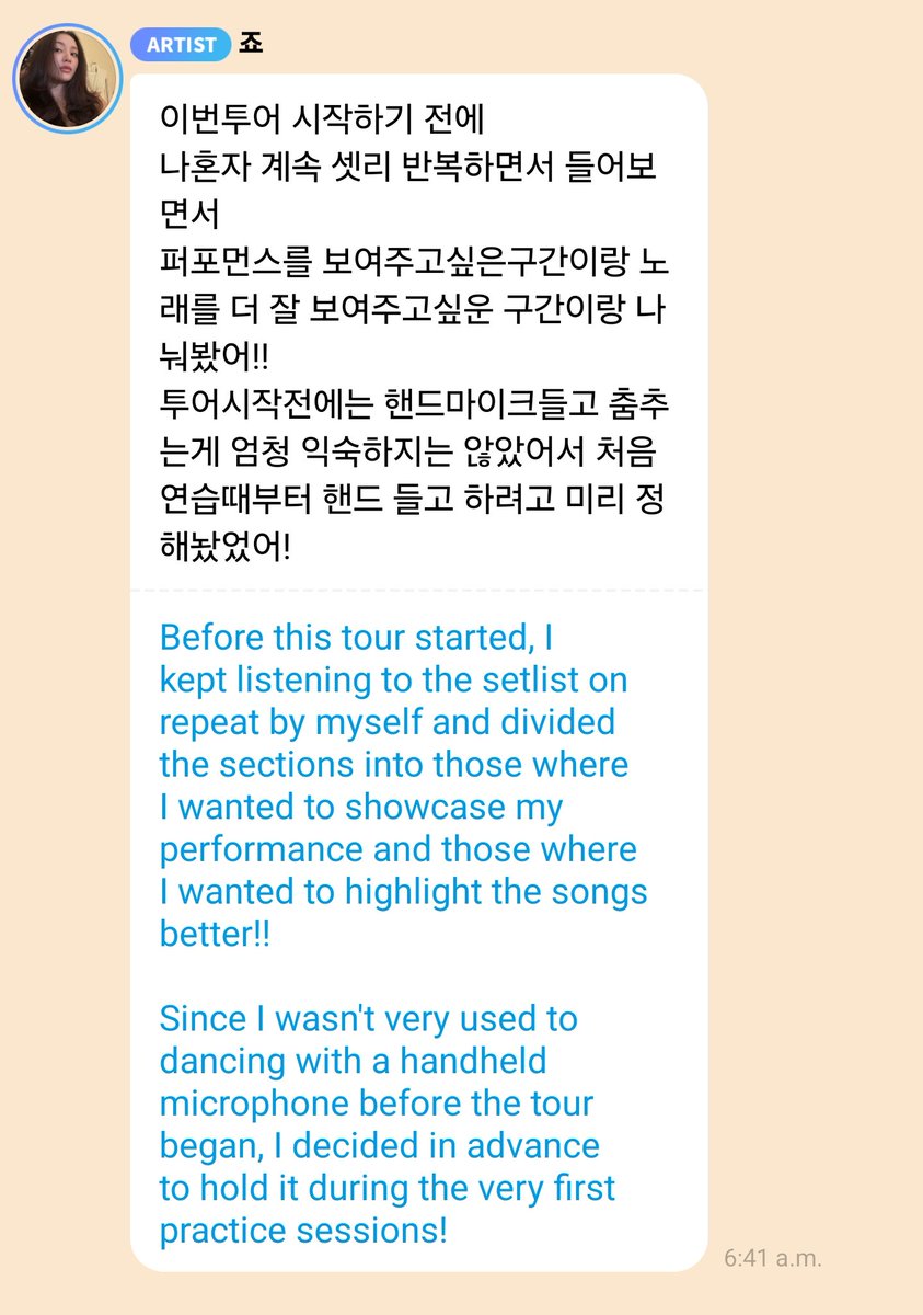 Jihyo explaining why they sometimes use headset mics vs handheld mics during concerts:

Before the tour started, she kept listening to the setlist and divided the songs that she wanted to showcase the performance and which songs she wanted to showcase the singing better.
