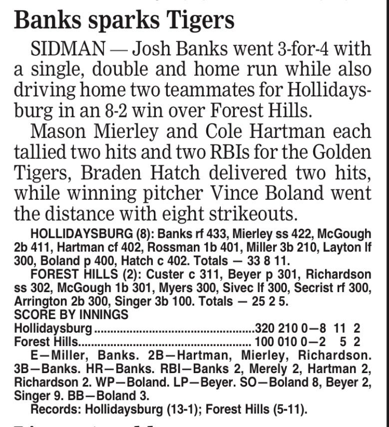 HburgBaseball2's tweet photo. @jbanks171 powered the Tigers to a 8-2 victory over Forest Hills going 3-4 with a HR and triple w/ 2 RBIs

@MasonMierley &amp; Cole Hartman had 2 hits and 2 RBIs with @braden_hatch01 delivering 2 hits.

@vincent_b214 pitched a complete game striking out 8.  

Go Tigers! https://t.co/DGkH0nB8GD