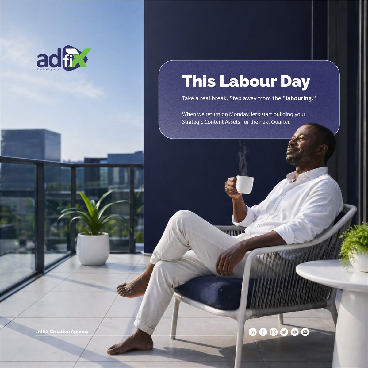 adfiX_256's tweet photo. You’ve spent 365 days trying to keep the business balanced, this Labour Day, it’s time to let go of the oars.
Rest now. Come Monday we plan your Q3 content strategy. 

#LabourDay https://t.co/OJ98bkrVJ6