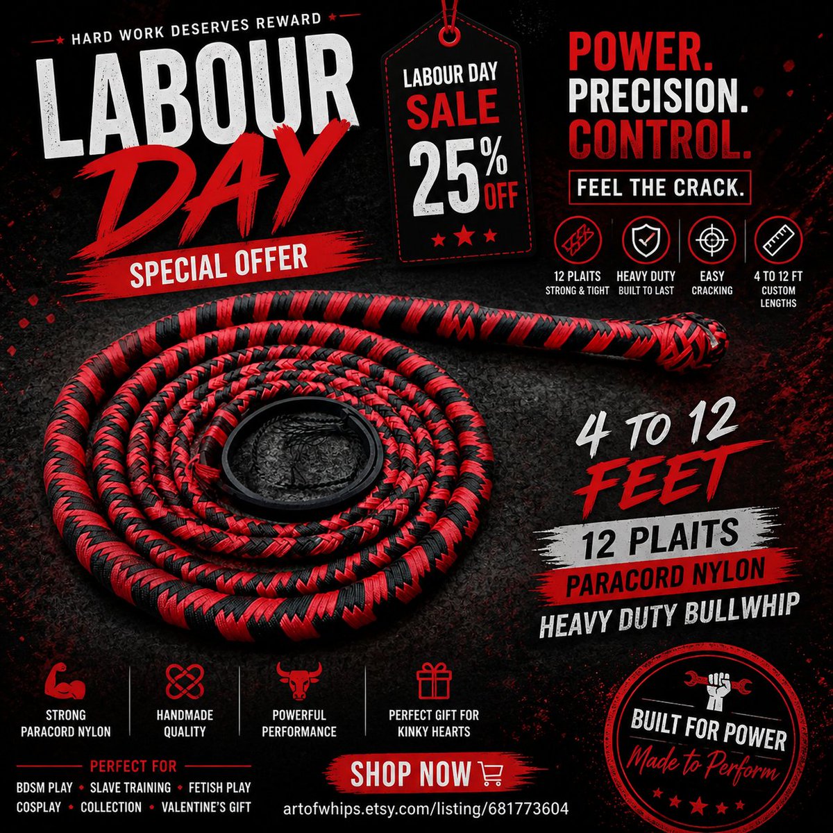 art_whips's tweet image. 🔥 LABOUR DAY SALE – 25% OFF 🔥

Bullwhip 4–12 FT | 12 Plait Paracord Nylon
Heavy-duty build for smooth, powerful cracking ⚡
Custom lengths available. Built to perform.
Shop now 👉 artofwhips.etsy.com/listing/681773…

#Bullwhip #LeatherCraft #FetishGear #Handmade #LabourDaySale #EtsyShop