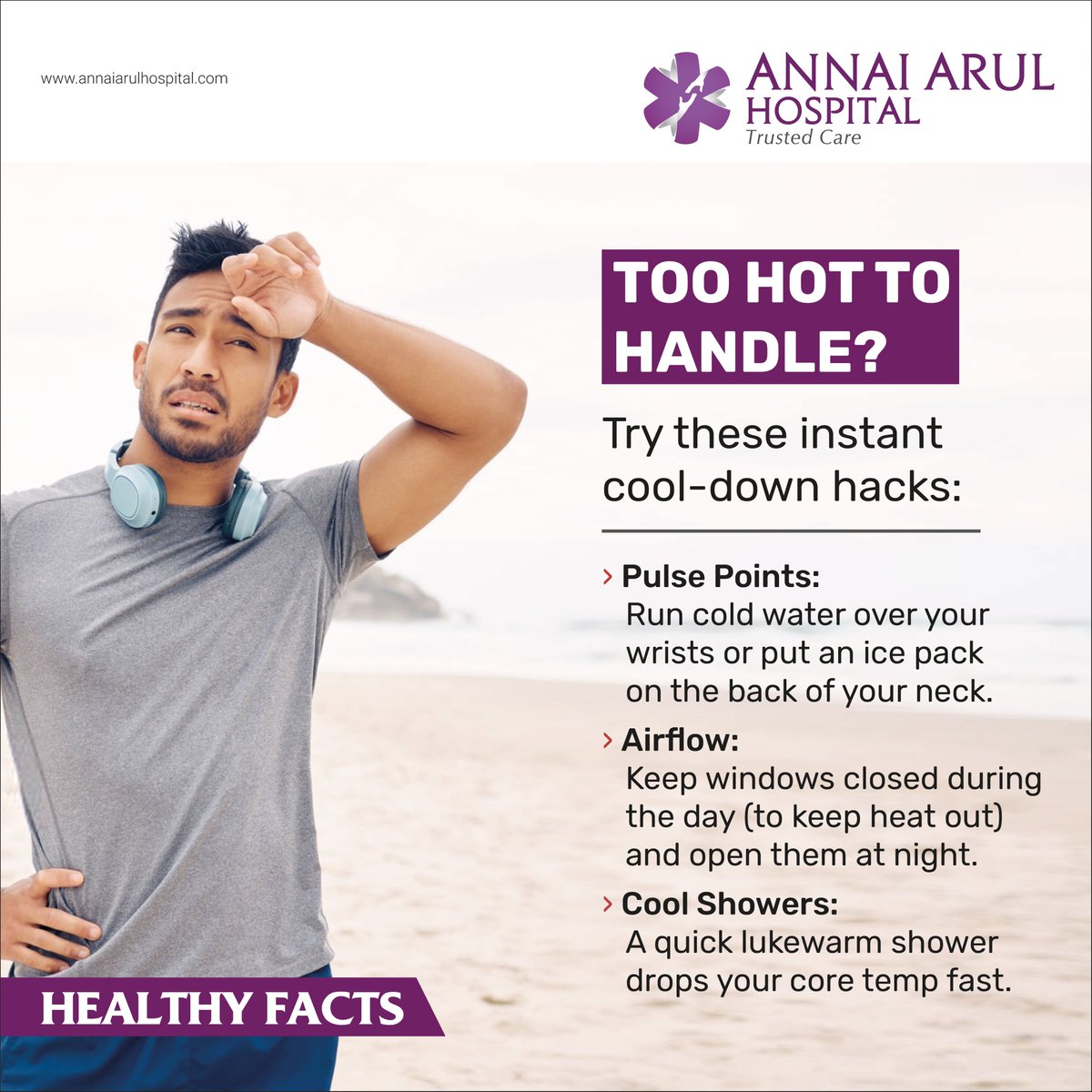 annaiarulhosp's tweet image. Too hot to handle? Try these instant cool-down hacks: 
Pulse Points: Run cold water over your wrists or put an ice pack on the back of your neck.
#SummerHacks #LifeHacks #StayCool #BeatTheHeat #annaiarulhospital #summer #SummerStyle #cooling #BodyCare 
annaiarulhospital.com/too-hot-to-han…