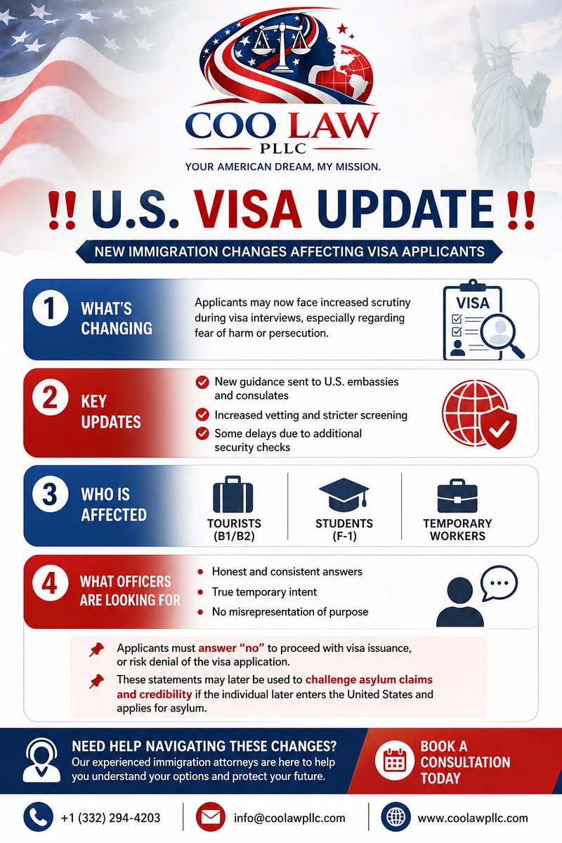 coolawpllc's tweet image. ‼️ U.S. VISA UPDATE ‼️

There’s a new shift in how U.S. visa applications are being reviewed.

☎️ +1 (332) 294-4203
📧 info@coolawpllc.com
🌐 coolawpllc.com

#coolaw #coolawpllc #uscis #immigrationupdate #usimmigration #visascreening #nonimmigrantvisa #asylum