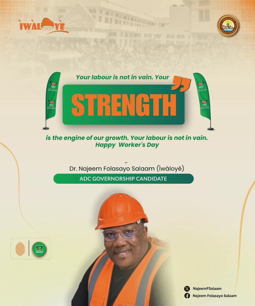 MuhammedMalik36's tweet photo. Today, we celebrate the strength, resilience, and dedication of every worker whose daily efforts keep our society moving forward. From the markets to the offices, from the farms to the factories, your hard work is the backbone of our progress.

#iwaloye2026 https://t.co/C0rZ4ZMx16