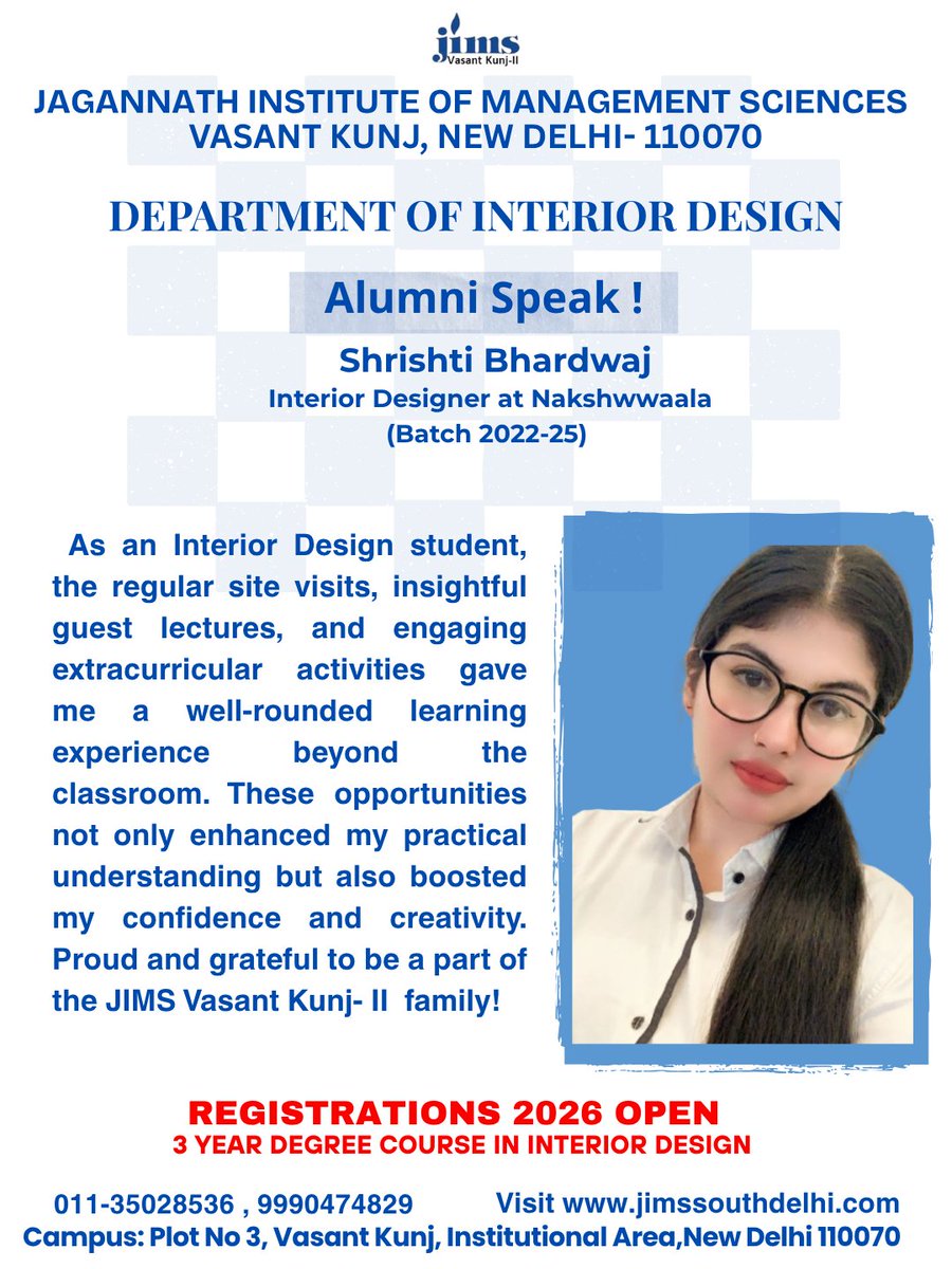 jimsljptweets's tweet image. We are proud to share the journey of our alumna Shrishti Bhardwaj (Batch 2022–25), now working as an Interior Designer at Nakshwvaala.
#InteriorDesign #JIMSVK2