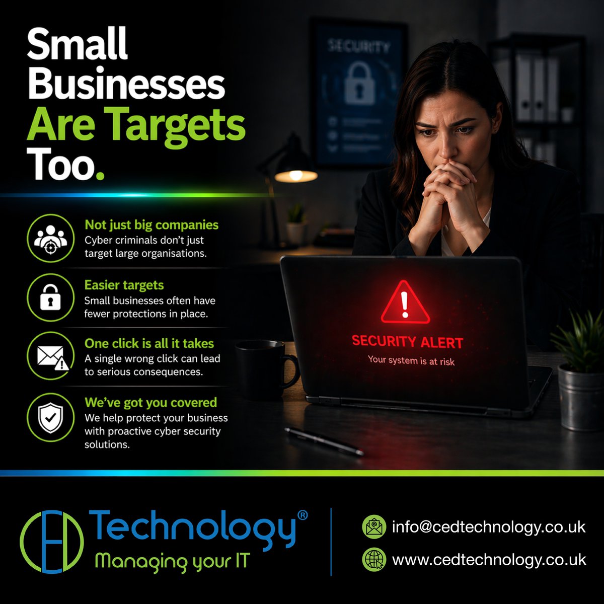 CEDTechServices's tweet image. Cyber criminals don’t just target big companies.

Small businesses are often easier targets.

One click can be enough.

Protect your business before it’s too late.

🌐 cedtechnology.co.uk

#CyberSecurity #Ransomware #SmallBusinessUK