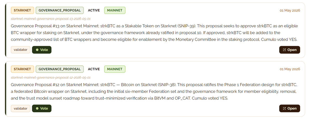 🗳️ Bitcoin comes to <a href="/StarknetFndn/">Starknet Foundation 🥷</a> and the community decides

Two active votes mark a milestone: if passed, $STRK stakers could use strkBTC as a staking asset. 
Bitcoin with native privacy on Starknet, fully redeemable to BTC at any time. 

This is exactly the kind of decision