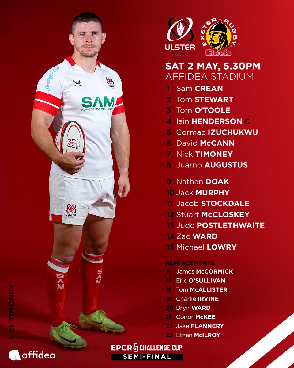 UlsterRugby's tweet photo. Ready for a big night 💥 

Here's how we line up against @ExeterChiefs tomorrow for a place in the Challenge Cup Final 👊 

🎟️ https://t.co/czSrlRsbCE
📺 @PremSportsTV
🎧 @bbcradioulster https://t.co/XQ3Efu2P2e