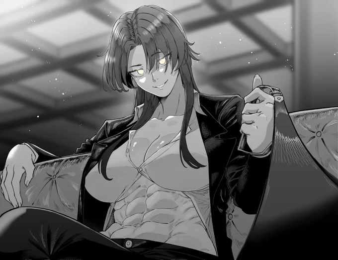 褐色女侍さんを見てくれてありがとうございます! 他にも黒スーツ腹筋バキバキ三姉妹もおりますよ!! 1枚目から長女、次女、三女です!