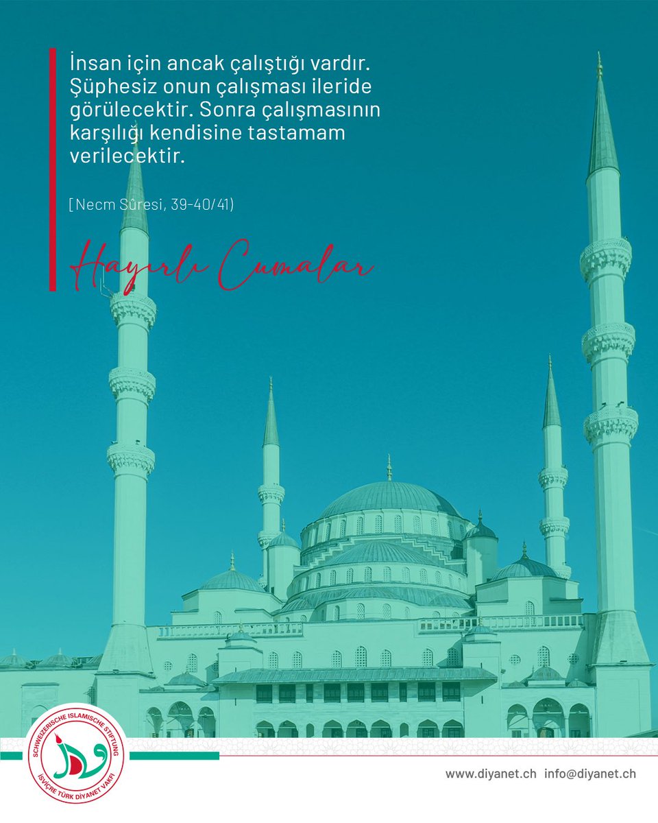 diyanetch's tweet photo. İnsan için ancak çalıştığı vardır.  Şüphesiz onun çalışması ileride görülecektir. Sonra çalışmasının karşılığı kendisine tastamam verilecektir.

[Necm Sûresi, 39-40/41)

Cumamız Mübarek Olsun.

#TürkischIslamischeStiftung #itdv #hayırlıcumalar https://t.co/IyrlDKYnsG