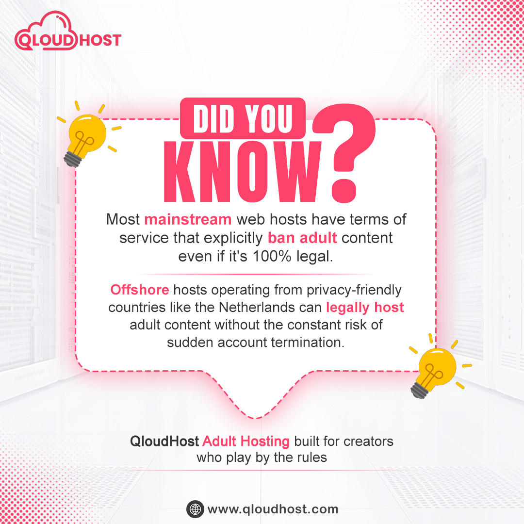 qloudhosts's tweet image. Did you know? 🤔
Most mainstream hosts can ban your site for adult content even if it’s legal.

That’s why many creators switch to offshore hosting

QloudHost makes it simple and reliable.

🌐 qloudhost.com/adult-hosting/

#DidYouKnow #WebHosting #Adulthosting #DMCAIgnored