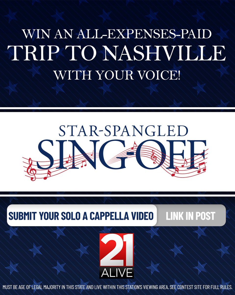 Calling all local singers! 🎤🎶 Enter the Star-Spangled Sing-Off for a chance to win a trip to Nashville and record the National Anthem in-studio. 

Must be 18+ to enter. Send submissions here: 21alivenews.com/page/star-span…