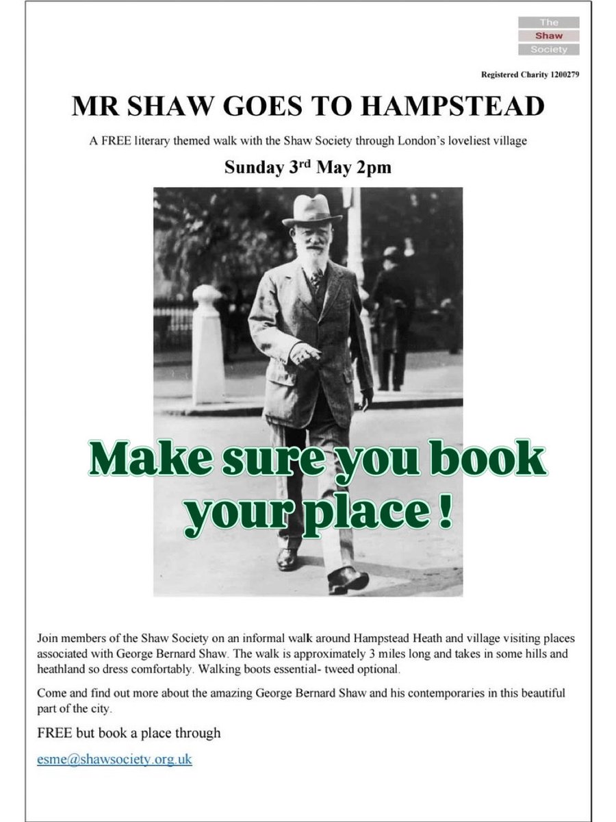 ShawSoc's tweet image. Book a free place on our ‘Mrs Shaw Goes to Hampstead Walk’ on Sunday 3rd May esme@shawsociety.org.uk #Hampstead #ShawSociety