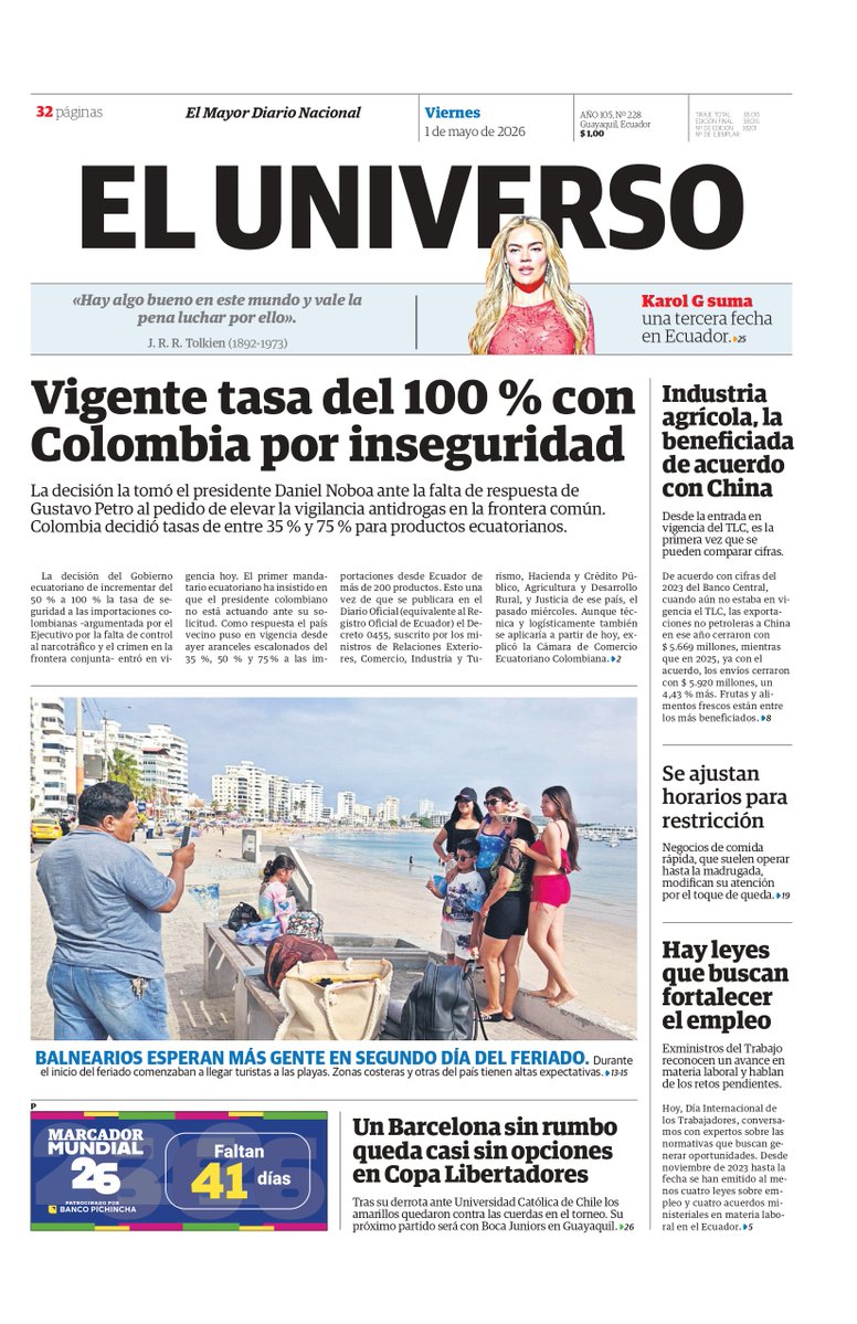 eluniversocom's tweet image. Les compartimos nuestra portada de este viernes 1 de mayo. Las #noticias de #Ecuador y el mundo en eluniverso.com