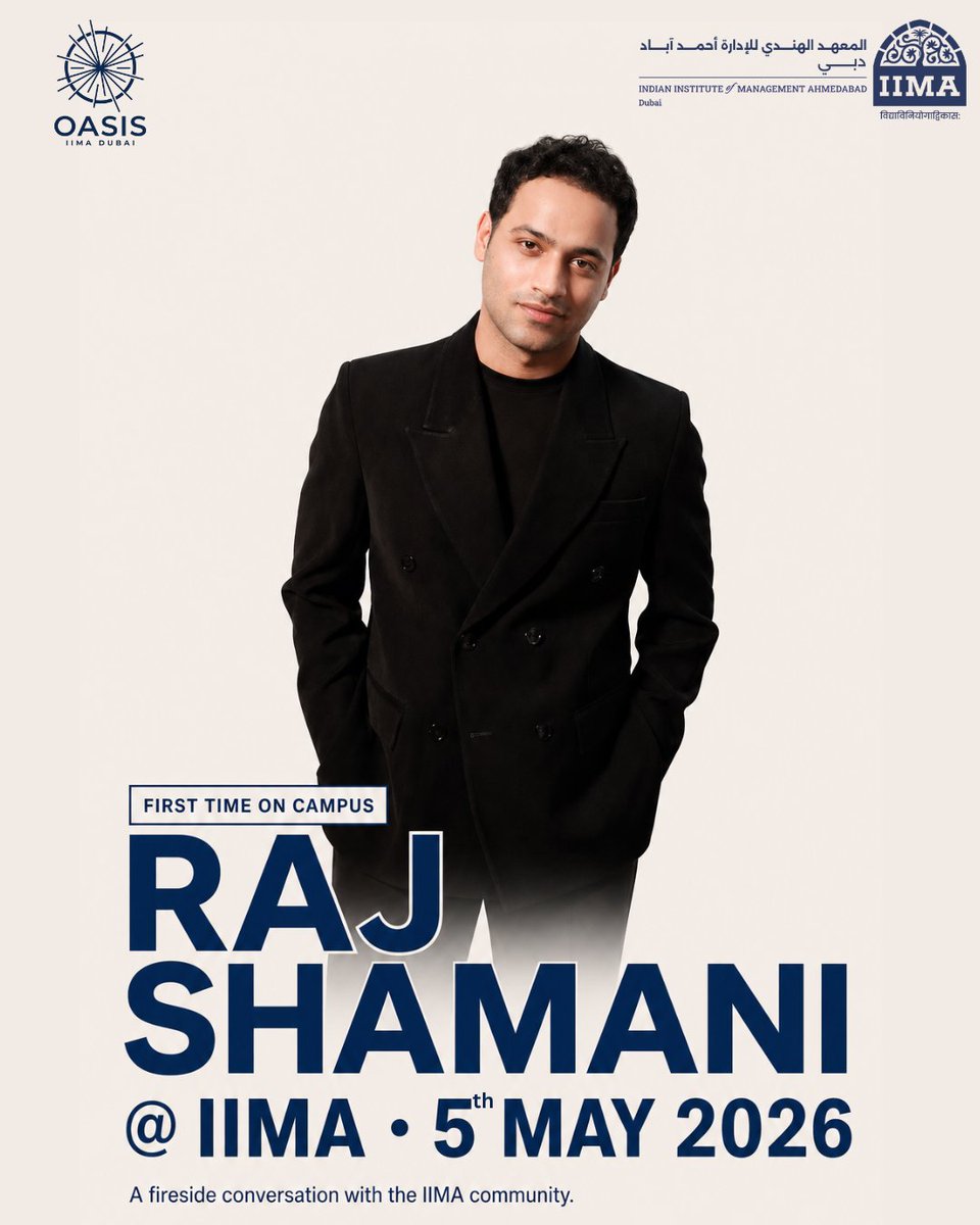 IIMADubai's tweet photo. Oasis 2026 is making its debut on the IIMA campus — and we couldn’t be more proud.
From IIMA Dubai to IIM Ahmedabad, join us for a power-packed evening with @rajshamani  &amp; @VaibhavSisinty.
📅 5 May 2026
📍 IIM Ahmedabad
1st time on campus. 1st of many.
#IIMA #IIMADubai #Oasis2026 https://t.co/eNTaxEP1Us
