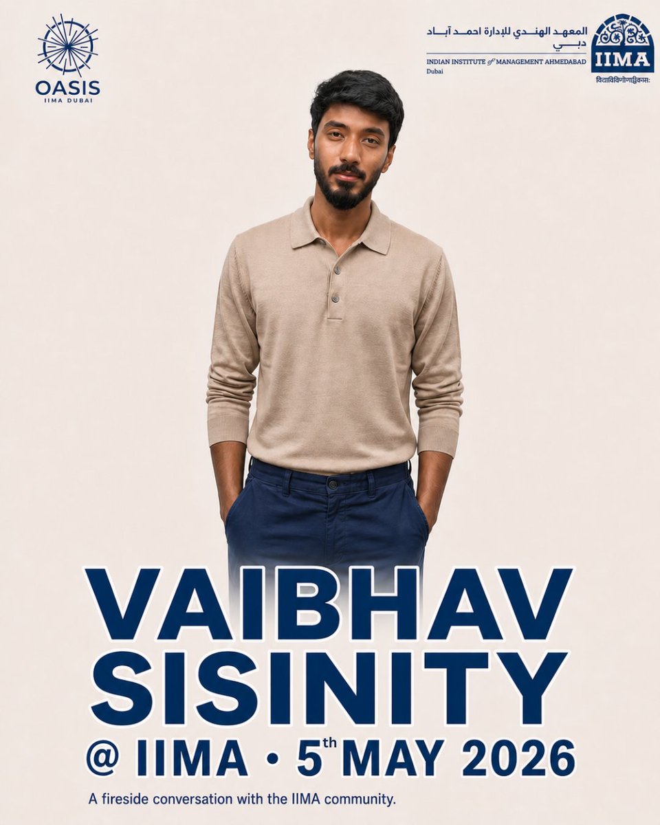 IIMADubai's tweet photo. Oasis 2026 is making its debut on the IIMA campus — and we couldn’t be more proud.
From IIMA Dubai to IIM Ahmedabad, join us for a power-packed evening with @rajshamani  &amp; @VaibhavSisinty.
📅 5 May 2026
📍 IIM Ahmedabad
1st time on campus. 1st of many.
#IIMA #IIMADubai #Oasis2026 https://t.co/eNTaxEP1Us