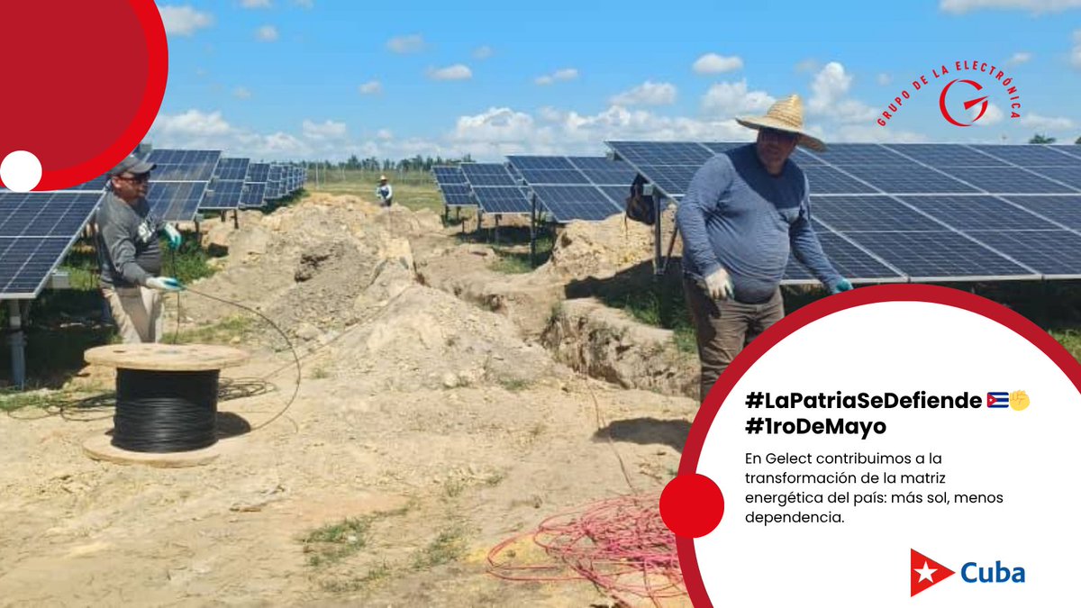 GelectCuba's tweet photo. #LaPatriaSeDefiende 🇨🇺✊ desde cada panel solar que instalamos y cada sistema de bombeo fotovoltaico que ponemos en marcha. Contribuyendo a la transformación de la matriz energética en #Cuba Al bloqueo se le gana con soluciones.
#Cuba #1Mayo https://t.co/geoUrqvhtn